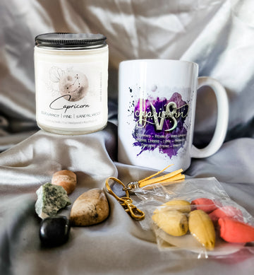 Capricorn zodiac candle gift box with mug, tumbled stones and incense cones.